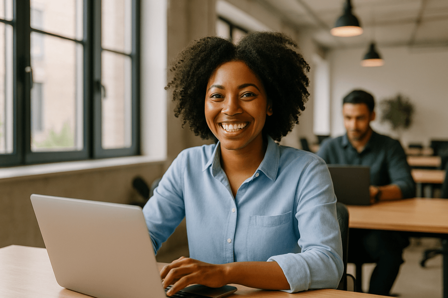 Professionnelle heureuse utilisant nos solutions